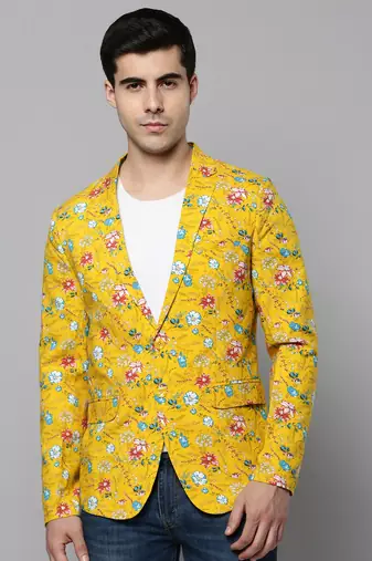 SHOWOFF Men's Notched Lapel Printed Yellow Open Front Blazer