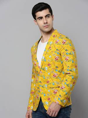 SHOWOFF Men's Notched Lapel Printed Yellow Open Front Blazer 3