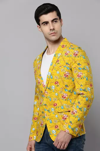 SHOWOFF Men's Notched Lapel Printed Yellow Open Front Blazer
