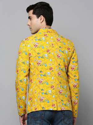 SHOWOFF Men's Notched Lapel Printed Yellow Open Front Blazer 4