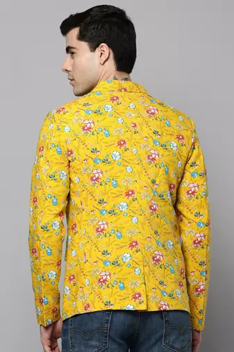 SHOWOFF Men's Notched Lapel Printed Yellow Open Front Blazer
