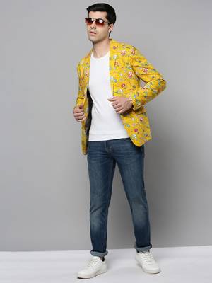 SHOWOFF Men's Notched Lapel Printed Yellow Open Front Blazer 5