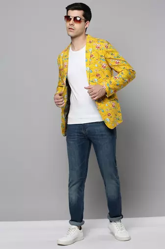 SHOWOFF Men's Notched Lapel Printed Yellow Open Front Blazer