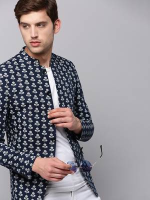 Men's Mandarin Collar Printed Navy Blue Open Front Blazer 1