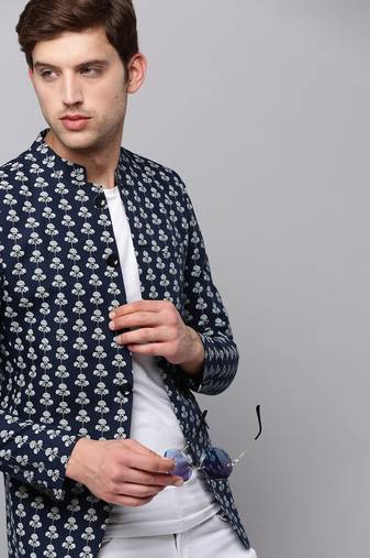 Men's Mandarin Collar Printed Navy Blue Open Front Blazer
