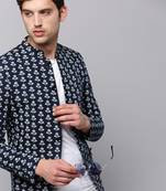 Men's Mandarin Collar Printed Navy Blue Open Front Blazer