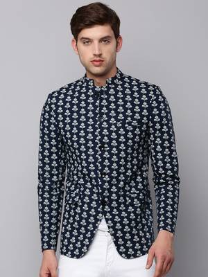 Men's Mandarin Collar Printed Navy Blue Open Front Blazer 2