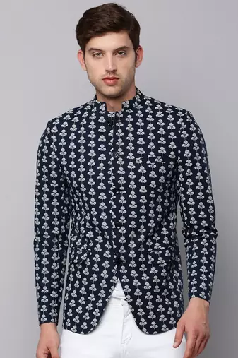 Men's Mandarin Collar Printed Navy Blue Open Front Blazer