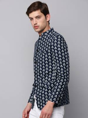 Men's Mandarin Collar Printed Navy Blue Open Front Blazer 3