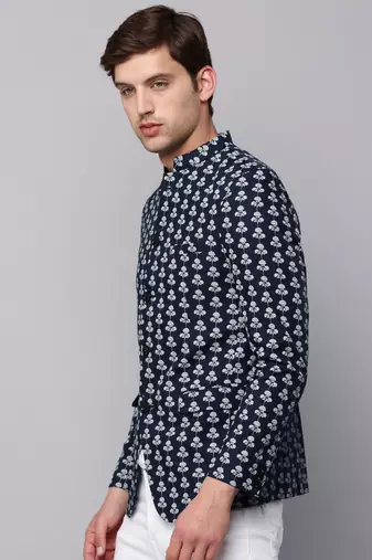 Men's Mandarin Collar Printed Navy Blue Open Front Blazer