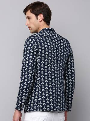 Men's Mandarin Collar Printed Navy Blue Open Front Blazer 4