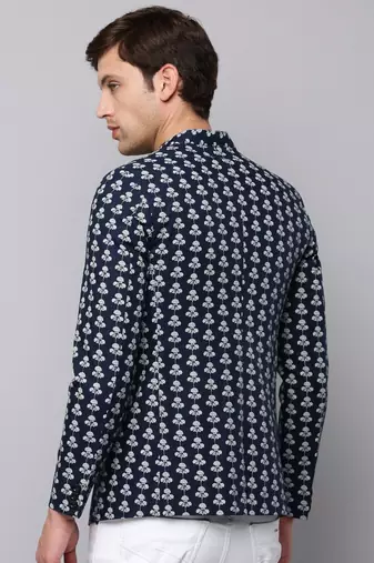Men's Mandarin Collar Printed Navy Blue Open Front Blazer