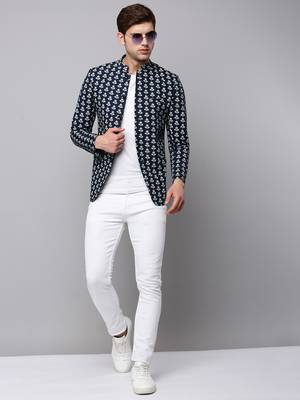 Men's Mandarin Collar Printed Navy Blue Open Front Blazer 5