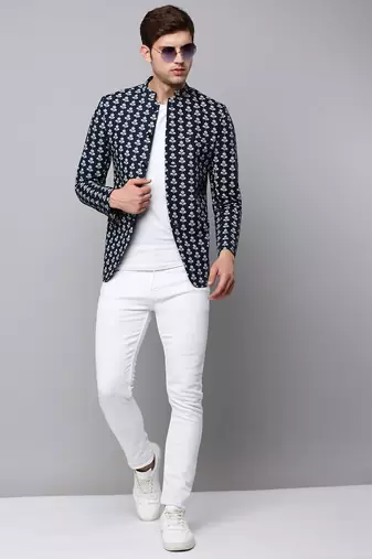 Men's Mandarin Collar Printed Navy Blue Open Front Blazer