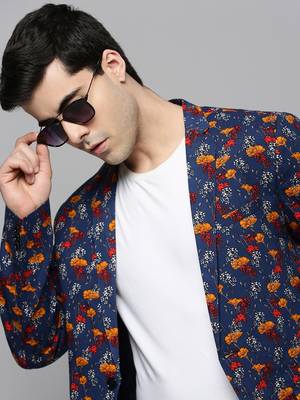 SHOWOFF Men's Notched Lapel Printed Navy Blue Open Front Blazer 1