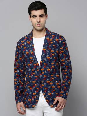 SHOWOFF Men's Notched Lapel Printed Navy Blue Open Front Blazer 2