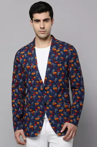 SHOWOFF Men's Notched Lapel Printed Navy Blue Open Front Blazer