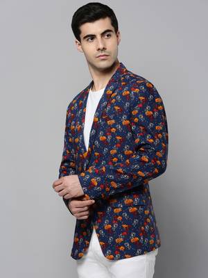 SHOWOFF Men's Notched Lapel Printed Navy Blue Open Front Blazer 3