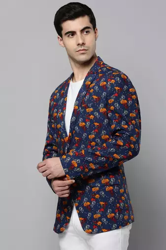 SHOWOFF Men's Notched Lapel Printed Navy Blue Open Front Blazer