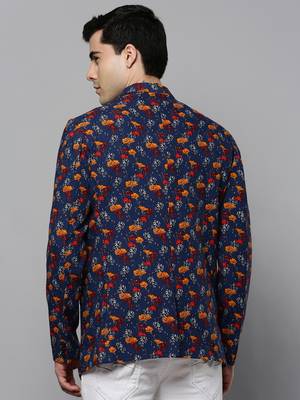 SHOWOFF Men's Notched Lapel Printed Navy Blue Open Front Blazer 4