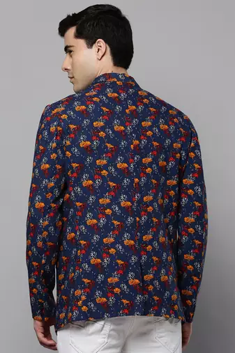 SHOWOFF Men's Notched Lapel Printed Navy Blue Open Front Blazer