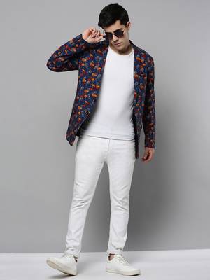 SHOWOFF Men's Notched Lapel Printed Navy Blue Open Front Blazer 5