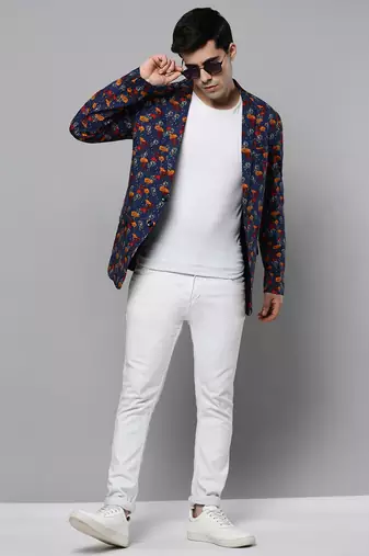 SHOWOFF Men's Notched Lapel Printed Navy Blue Open Front Blazer
