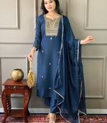 Blue Women Embroidered Rayon Slub Straight Kurta Pant Dupatta Set