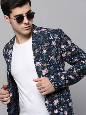SHOWOFF Men's Notched Lapel Printed Navy Blue Open Front Blazer 1