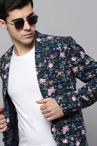 SHOWOFF Men's Notched Lapel Printed Navy Blue Open Front Blazer