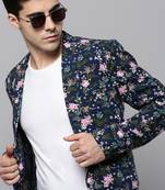SHOWOFF Men's Notched Lapel Printed Navy Blue Open Front Blazer