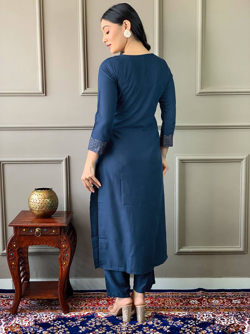Blue Women Embroidered Rayon Slub Straight Kurta Pant Dupatta Set
