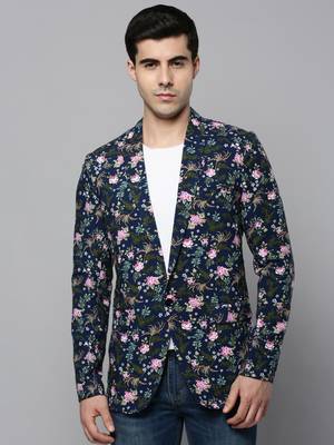 SHOWOFF Men's Notched Lapel Printed Navy Blue Open Front Blazer 2