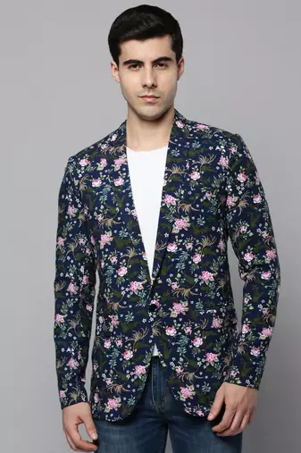 SHOWOFF Men's Notched Lapel Printed Navy Blue Open Front Blazer