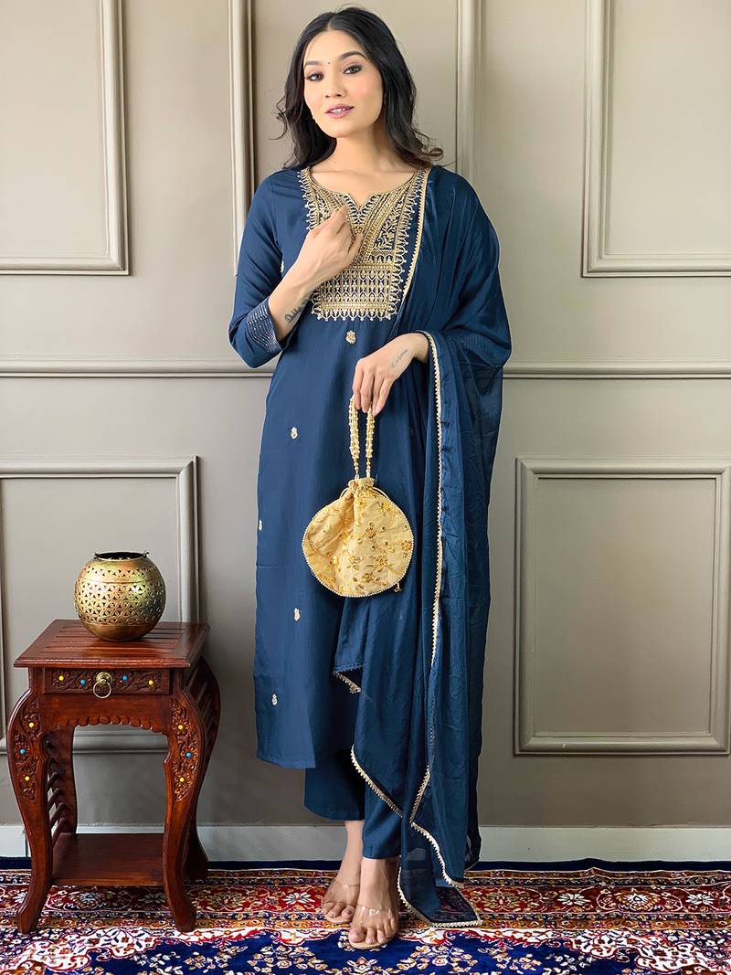 Blue Women Embroidered Rayon Slub Straight Kurta Pant Dupatta Set