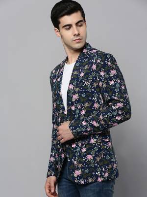 SHOWOFF Men's Notched Lapel Printed Navy Blue Open Front Blazer 3
