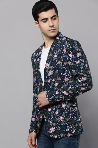 SHOWOFF Men's Notched Lapel Printed Navy Blue Open Front Blazer