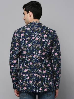 SHOWOFF Men's Notched Lapel Printed Navy Blue Open Front Blazer 4