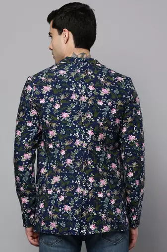 SHOWOFF Men's Notched Lapel Printed Navy Blue Open Front Blazer