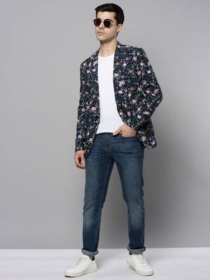 SHOWOFF Men's Notched Lapel Printed Navy Blue Open Front Blazer 5