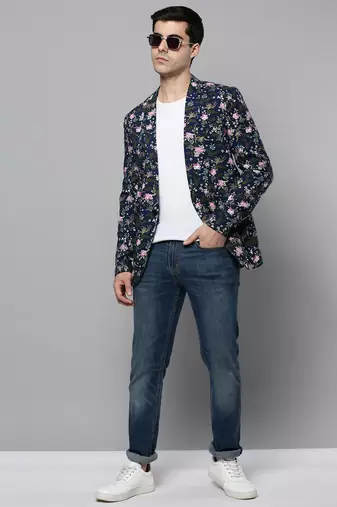 SHOWOFF Men's Notched Lapel Printed Navy Blue Open Front Blazer