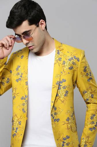 SHOWOFF Men's Notched Lapel Printed Yellow Open Front Blazer