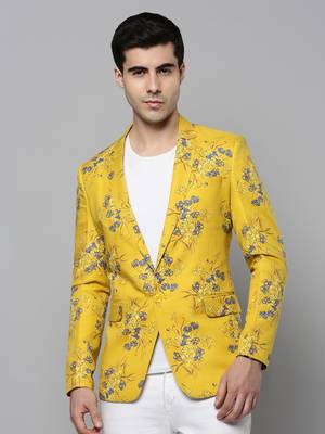 SHOWOFF Men's Notched Lapel Printed Yellow Open Front Blazer 2
