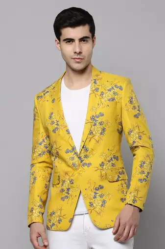 SHOWOFF Men's Notched Lapel Printed Yellow Open Front Blazer