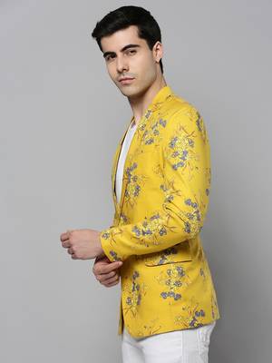 SHOWOFF Men's Notched Lapel Printed Yellow Open Front Blazer 3