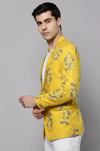 SHOWOFF Men's Notched Lapel Printed Yellow Open Front Blazer