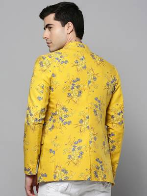 SHOWOFF Men's Notched Lapel Printed Yellow Open Front Blazer 4