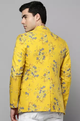 SHOWOFF Men's Notched Lapel Printed Yellow Open Front Blazer