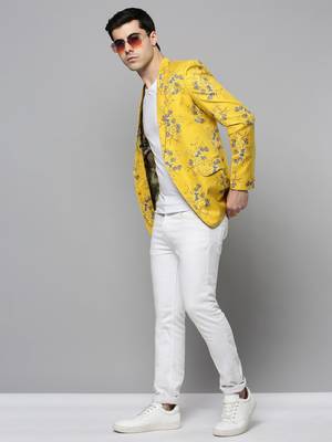 SHOWOFF Men's Notched Lapel Printed Yellow Open Front Blazer 5