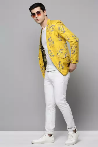 SHOWOFF Men's Notched Lapel Printed Yellow Open Front Blazer